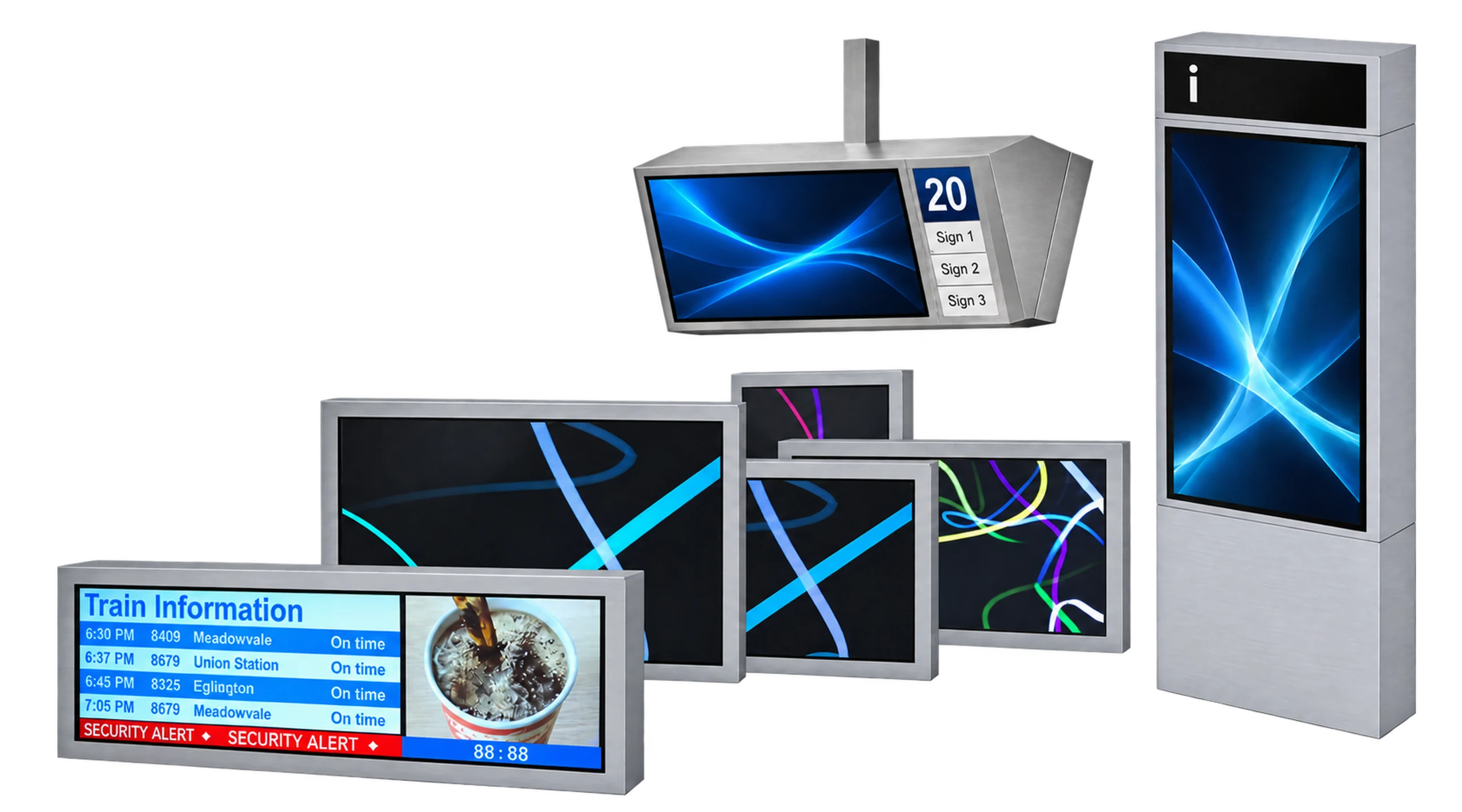 Common Pixels range of indoor and outdoor LCD and LED displays, kiosks and enclosures