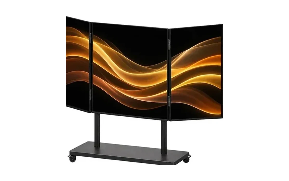 Mobile folding video wall, folded and unfolded on a rolling stand